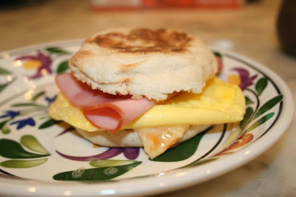 An easy egg sandwich with cheese and ham.