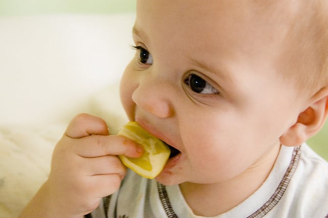 Baby eating a lemon. The Smart Mom's Guide to Starting Solids by Jill Castle, MS, RDN