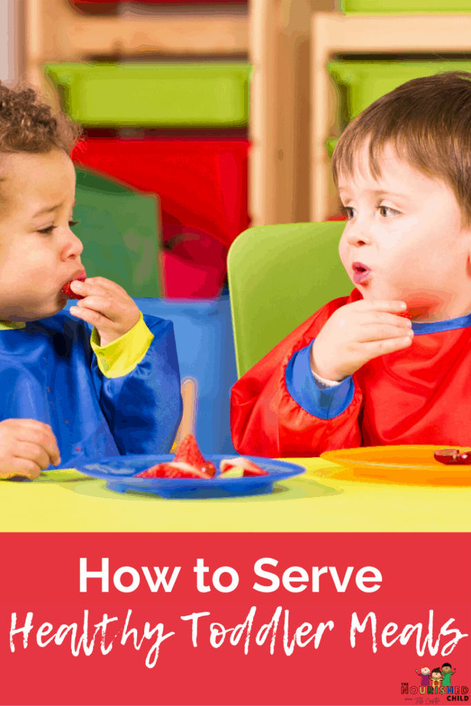 Two toddler boys eating lunch. How to Serve Healthy Toddler Meals.